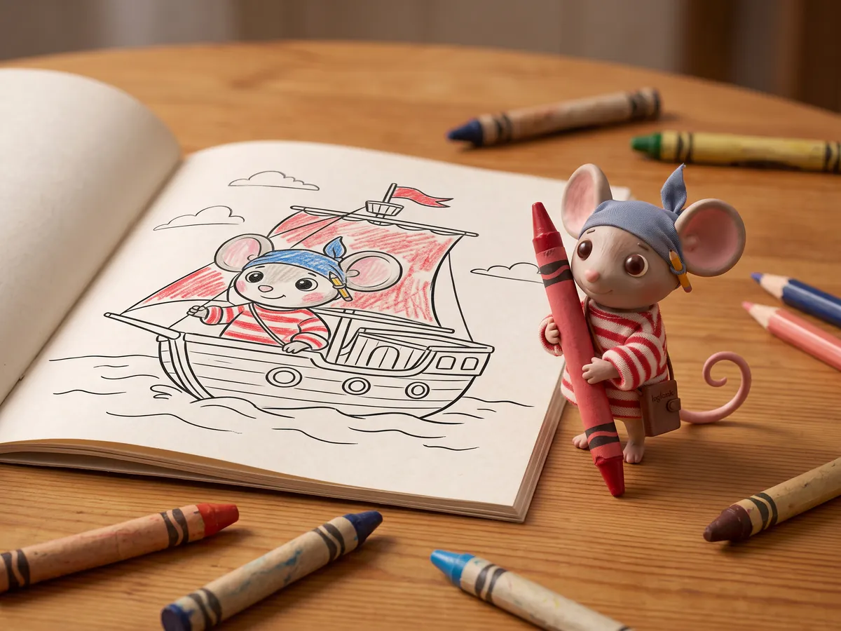 Ein aufgeschlagenes Ausmalbuch mit Pip auf dem Schiff, daneben Wachsmalstifte und die kleine Pip-Figur mit einem roten Stift.